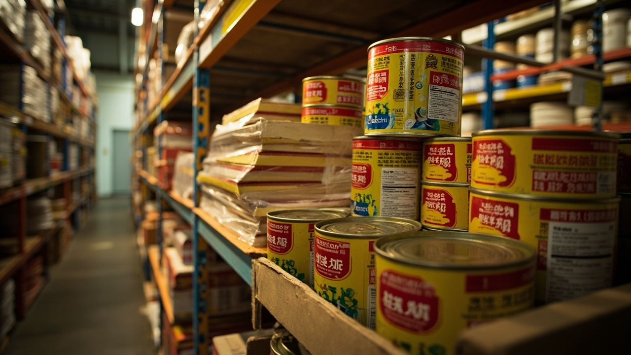 Canned food products ready for EU export from China warehouse